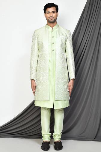 Sea green front open pattern design with detached inside sleeveless jacket indo western