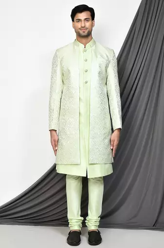 Sea green front open pattern design with detached inside sleeveless jacket indo western