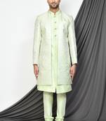 Sea green front open pattern design with detached inside sleeveless jacket indo western