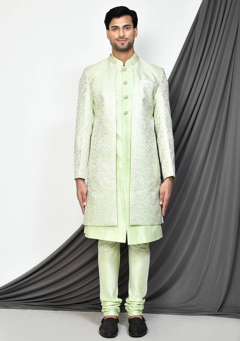 Sea green front open pattern design with detached inside sleeveless jacket indo western