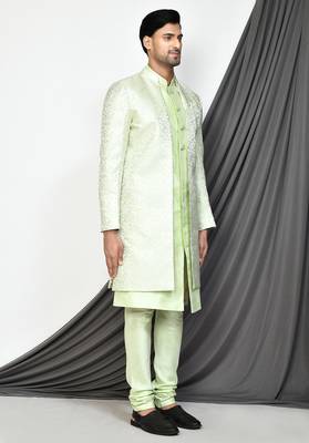 Sea green front open pattern design with detached inside sleeveless jacket indo western 3