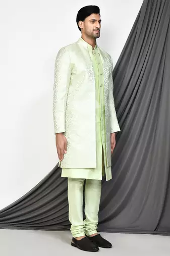 Sea green front open pattern design with detached inside sleeveless jacket indo western
