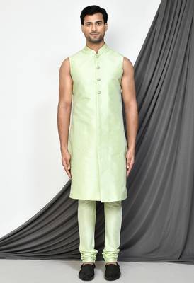 Sea green front open pattern design with detached inside sleeveless jacket indo western 4