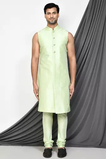 Sea green front open pattern design with detached inside sleeveless jacket indo western