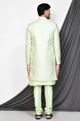 Sea green front open pattern design with detached inside sleeveless jacket indo western