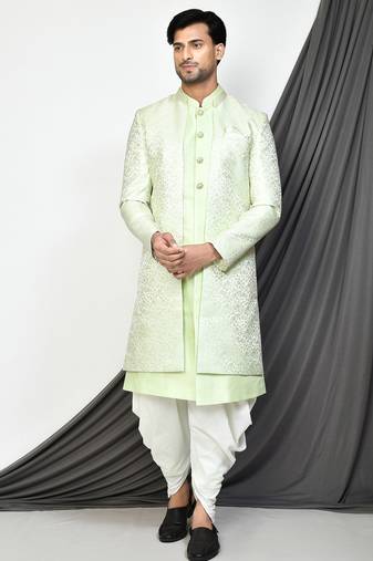 Sea green front open pattern design with detached inside sleeveless jacket indo western