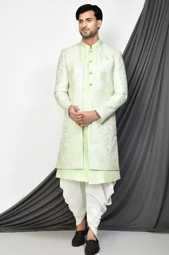 Sea green front open pattern design with detached inside sleeveless jacket indo western