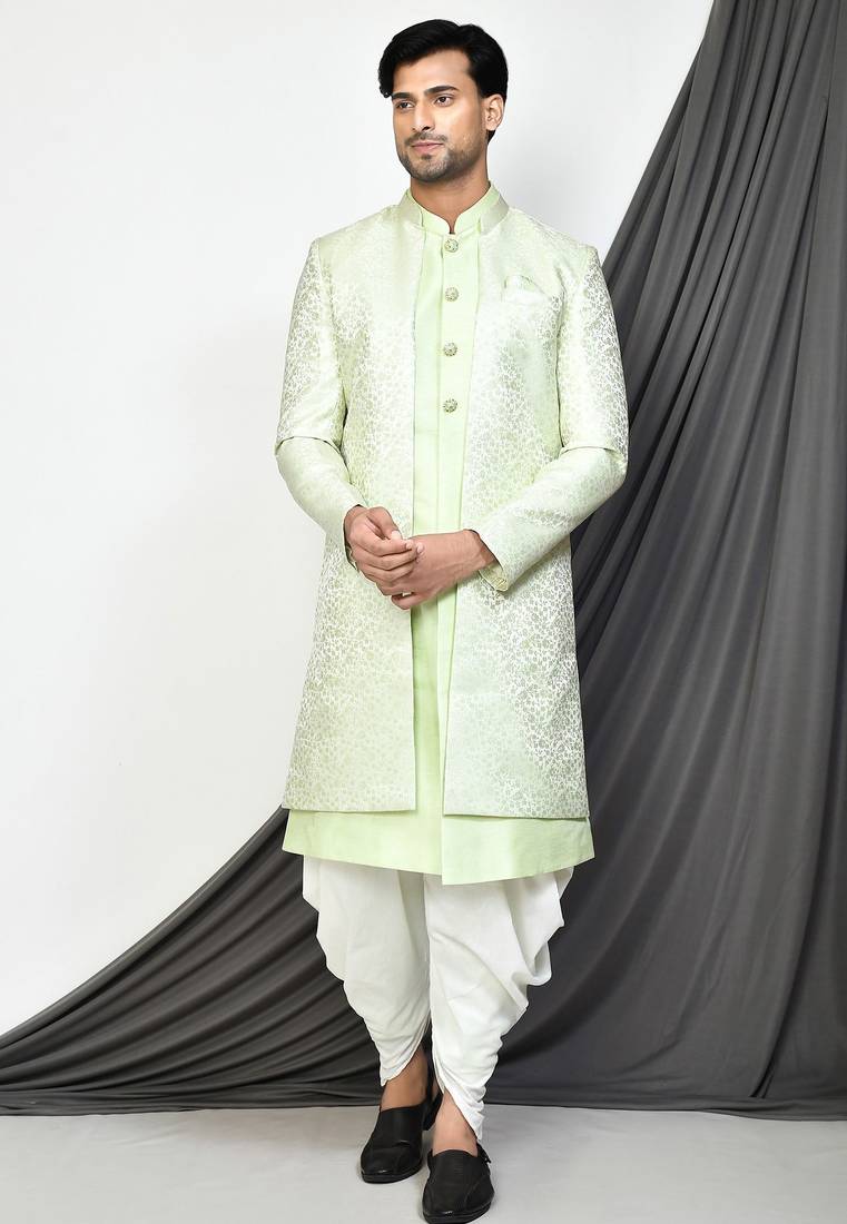 Sea green front open pattern design with detached inside sleeveless jacket indo western