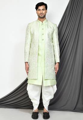Sea green front open pattern design with detached inside sleeveless jacket indo western 4