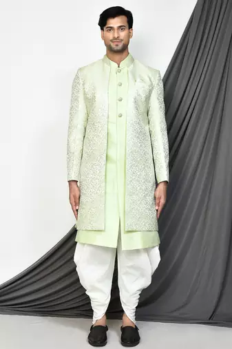 Sea green front open pattern design with detached inside sleeveless jacket indo western