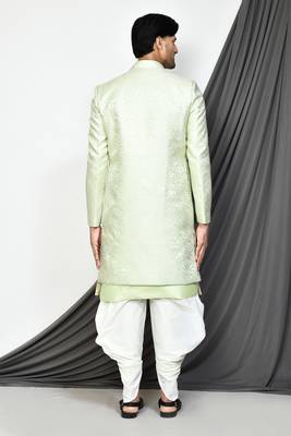 Sea green front open pattern design with detached inside sleeveless jacket indo western 5