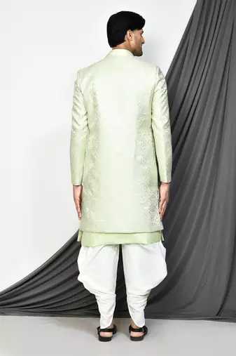 Sea green front open pattern design with detached inside sleeveless jacket indo western