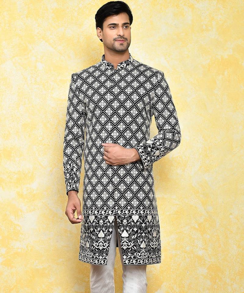 Black straight machine pattern work indo western