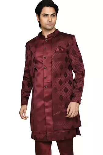 Mahroon front open pattern design with detached inside sleeveless jacket indo western