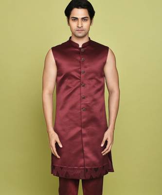 Mahroon front open pattern design with detached inside sleeveless jacket indo western 3