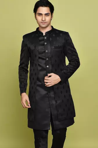 Black front open pattern design with detached inside sleeveless jacket indo western