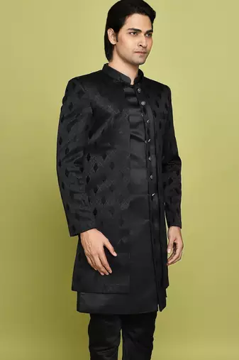 Black front open pattern design with detached inside sleeveless jacket indo western