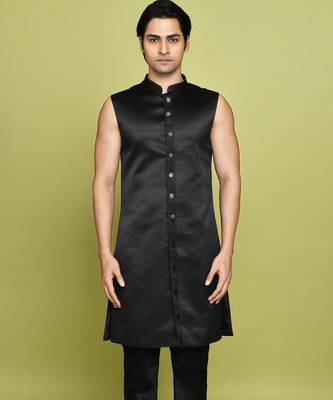 Black front open pattern design with detached inside sleeveless jacket indo western 4