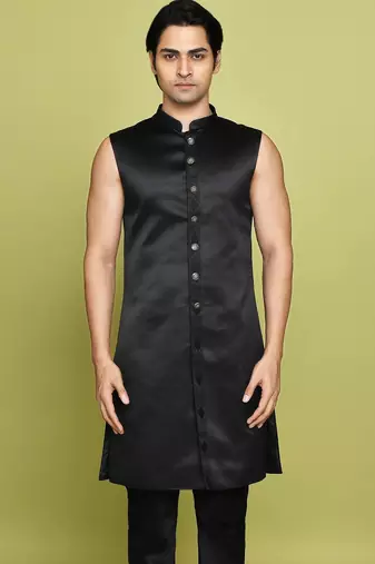 Black front open pattern design with detached inside sleeveless jacket indo western