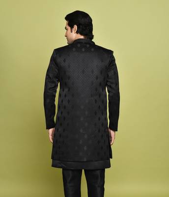 Black front open pattern design with detached inside sleeveless jacket indo western 5