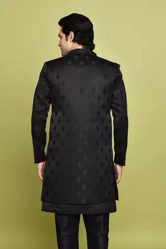 Black front open pattern design with detached inside sleeveless jacket indo western