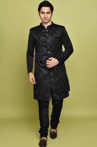 Black front open pattern design with detached inside sleeveless jacket indo western