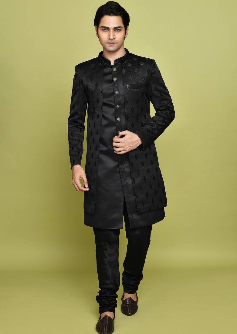 Black front open pattern design with detached inside sleeveless jacket indo western