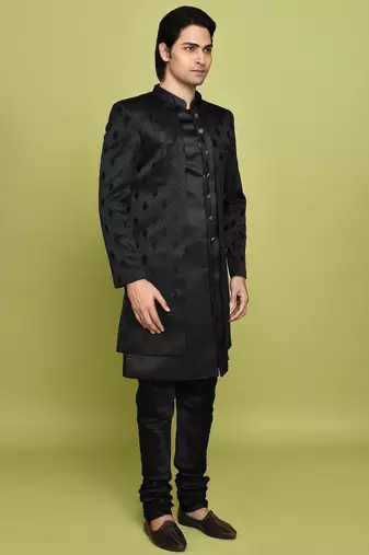 Black front open pattern design with detached inside sleeveless jacket indo western