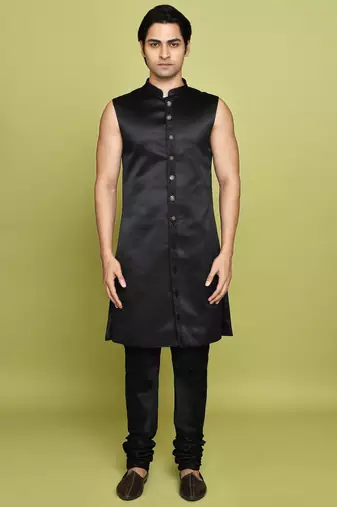 Black front open pattern design with detached inside sleeveless jacket indo western