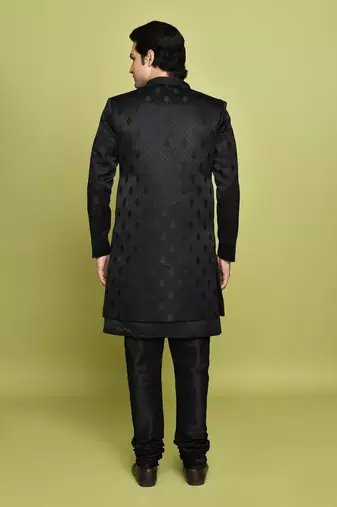 Black front open pattern design with detached inside sleeveless jacket indo western