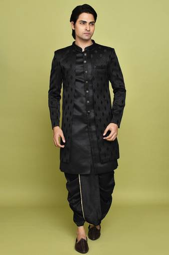 Black front open pattern design with detached inside sleeveless jacket indo western