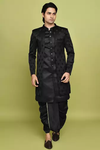 Black front open pattern design with detached inside sleeveless jacket indo western