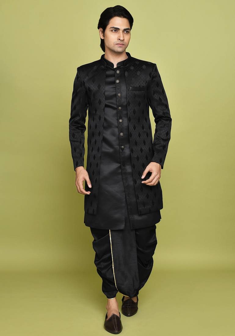 Black front open pattern design with detached inside sleeveless jacket indo western