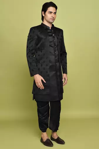 Black front open pattern design with detached inside sleeveless jacket indo western