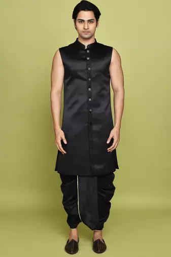 Black front open pattern design with detached inside sleeveless jacket indo western