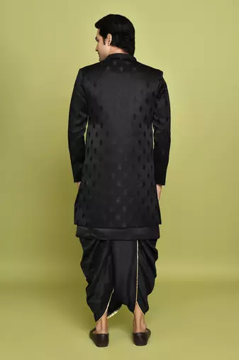 Black front open pattern design with detached inside sleeveless jacket indo western