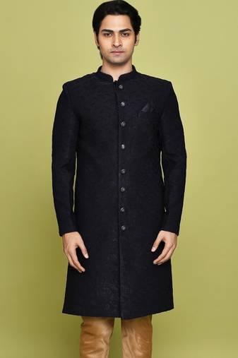 Navy blue straight pattern work indo western