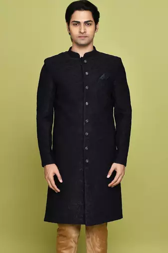 Navy blue straight pattern work indo western