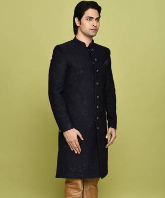Navy blue straight pattern work indo western 3