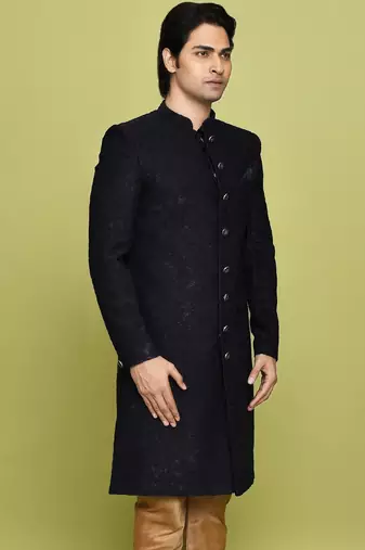 Navy blue straight pattern work indo western