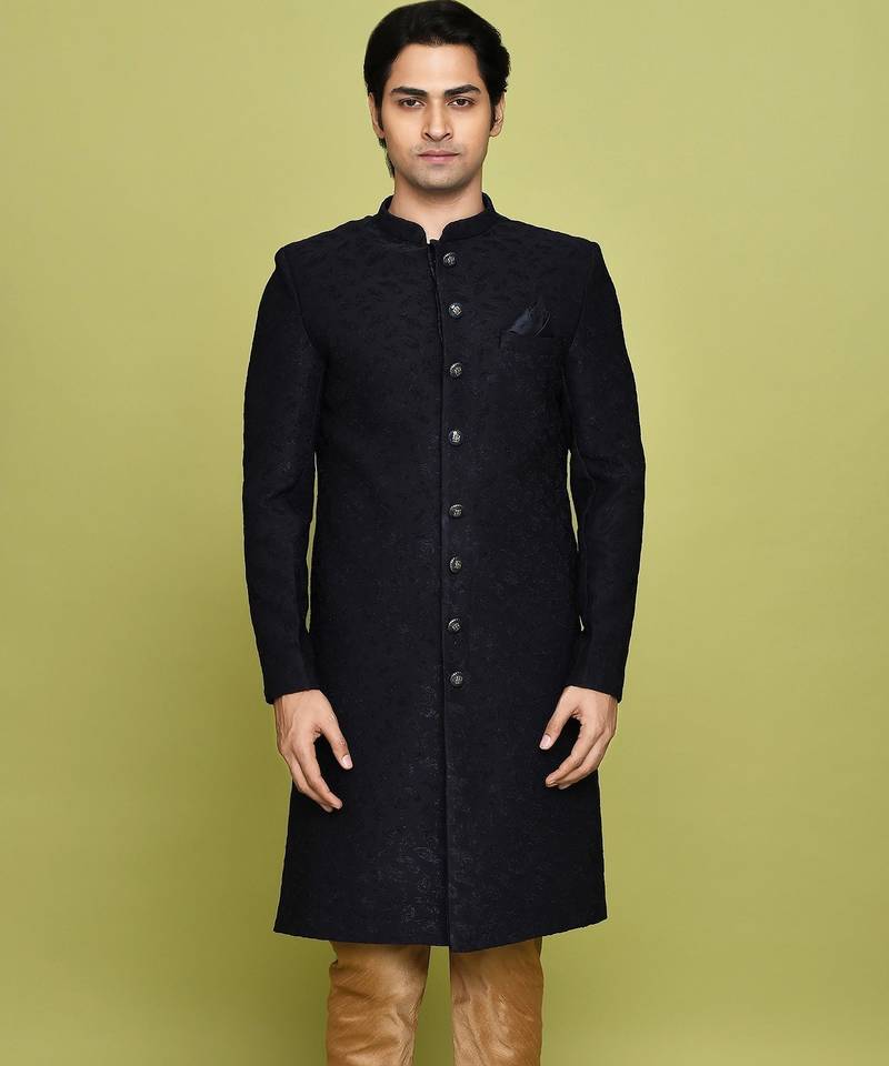 Navy blue straight pattern work indo western