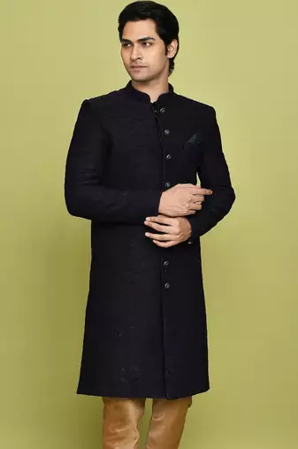 Navy blue straight pattern work indo western