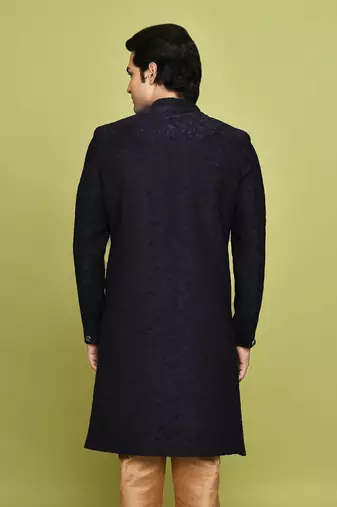 Navy blue straight pattern work indo western