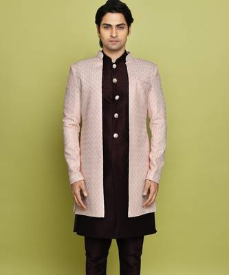 Pink front open pattern design with detached inside sleeveless jacket indo western 1