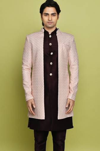 Pink front open pattern design with detached inside sleeveless jacket indo western