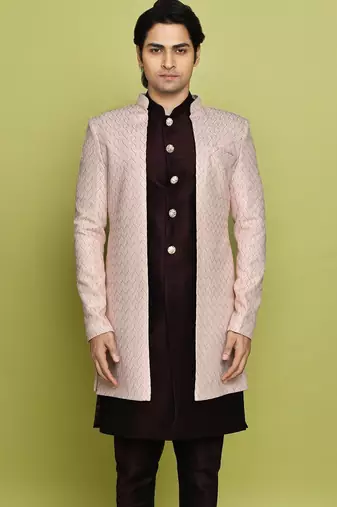 Pink front open pattern design with detached inside sleeveless jacket indo western