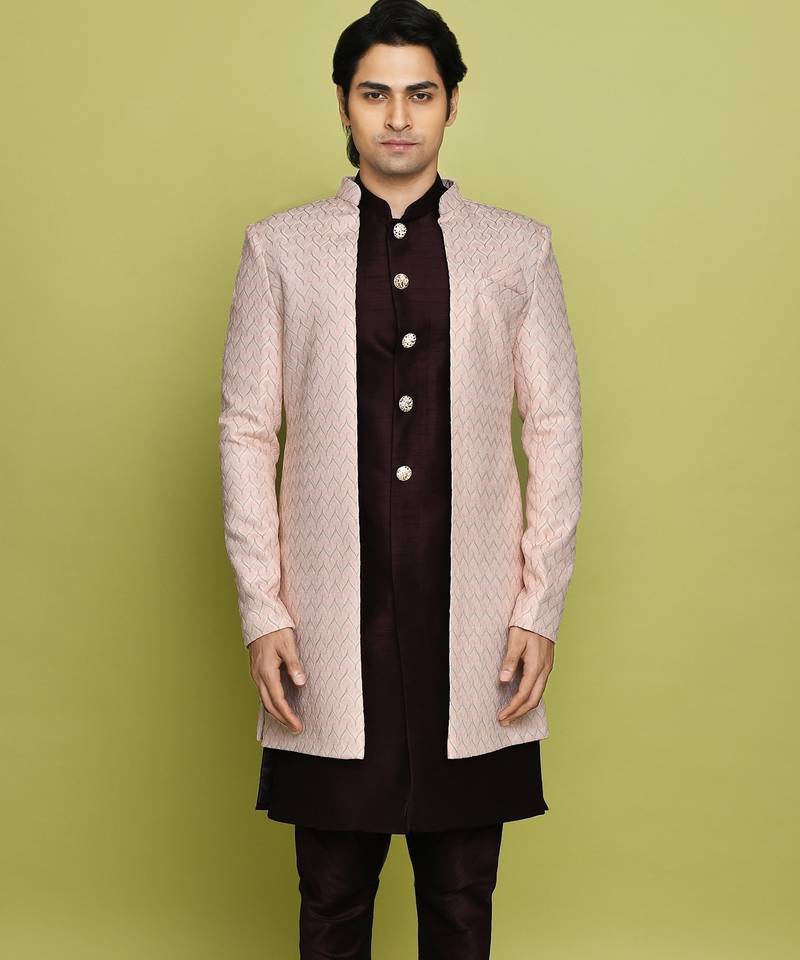 Pink front open pattern design with detached inside sleeveless jacket indo western