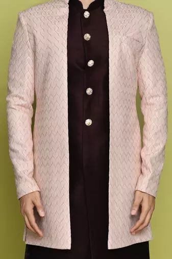 Pink front open pattern design with detached inside sleeveless jacket indo western