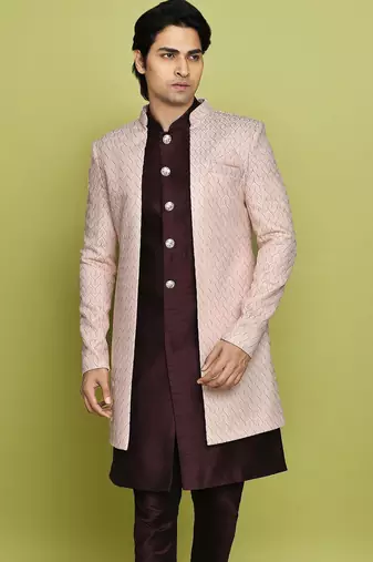 Pink front open pattern design with detached inside sleeveless jacket indo western