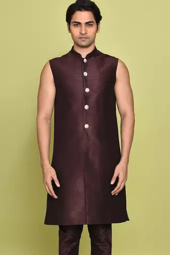 Pink front open pattern design with detached inside sleeveless jacket indo western